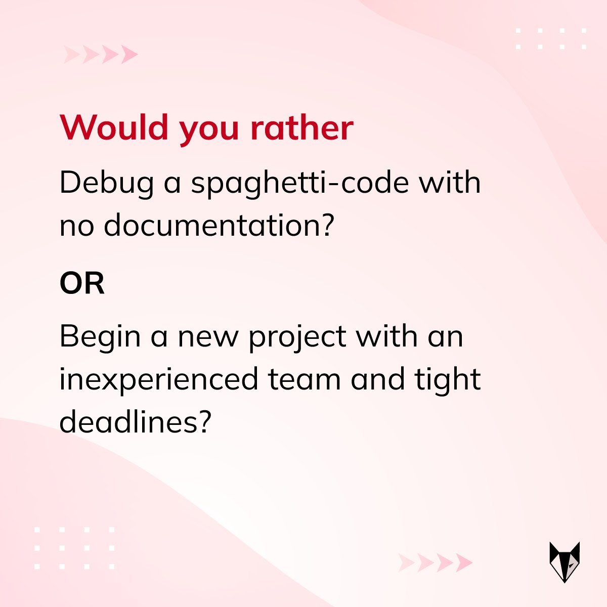 NickelfoxTech's tweet image. If you as a developer are caught in these mind-boggling dilemmas, what would you choose? 🤔

#DevelopersLife #TechChallenges #DeveloperMeme