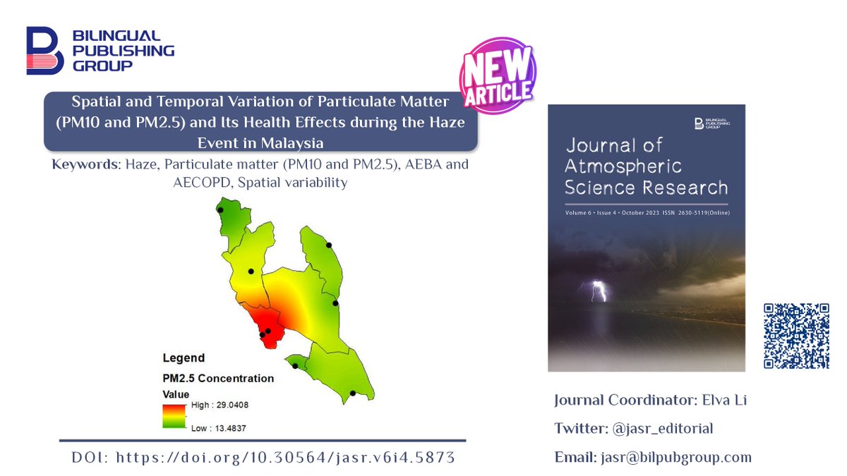 jasr_editorial's tweet photo. 📣【 A new article has been online published！】
 🌏Spatial and Temporal Variation of Particulate Matter (PM10 and PM2.5) and Its Health Effects during the Haze Event in Malaysia
🔴DOI: https://t.co/3GAwzXt3G4
🫧 #Haze #PM10 #PM2.5 #AEBAandAECOPD #Spatialvariability) https://t.co/YCd009qDCw