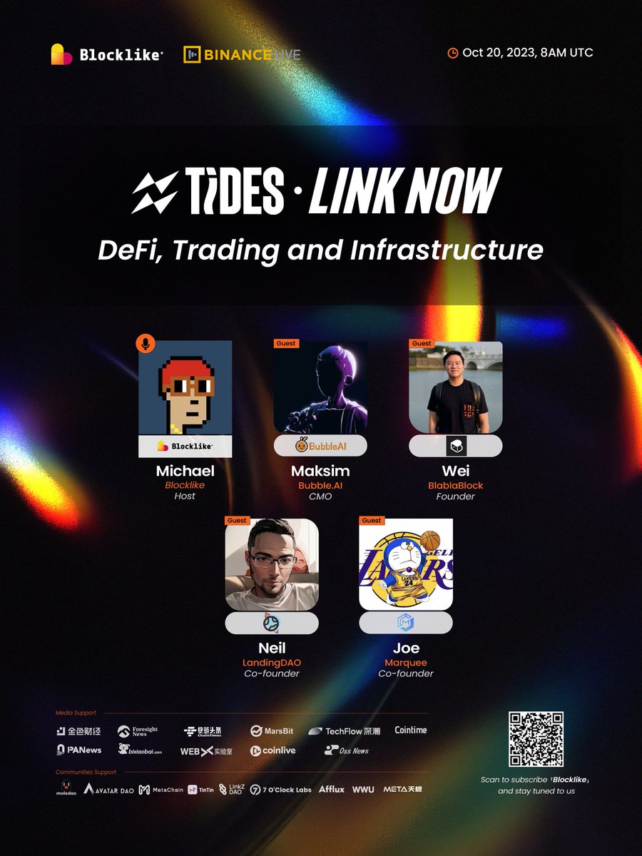 blocklikenet's tweet photo. Blocklike #LinkNow #BinanceLive coming!
🎙️ Defi, Trading and Infrastructure
⏰ 8:00 AM UTC, 20 Oct
📺 https://t.co/dpbXlZ8AvI
Guests🫡: @__BlablaBlock__ @Bubbleai_xyz @xGEOland @Marquee_fi
🔗Click to win airdrops!🎁
https://t.co/1EGzQ58LqF
All rewards are offered by our guests! https://t.co/qPkoorxjB3