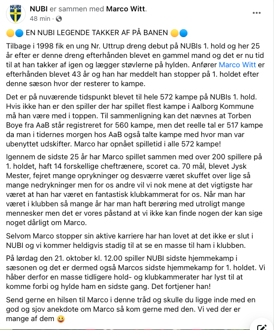 DSvendsen80's tweet photo. Min gode ven Marco Witt må være pragteksemplet få en trofast one-club-player. Efter 25 år på 1. holdet og imponerende 572 kampe, i serie 1-2-3, siger han nu stop. #seriebold #sekundabold #dbujylland https://t.co/oty7yORKEy