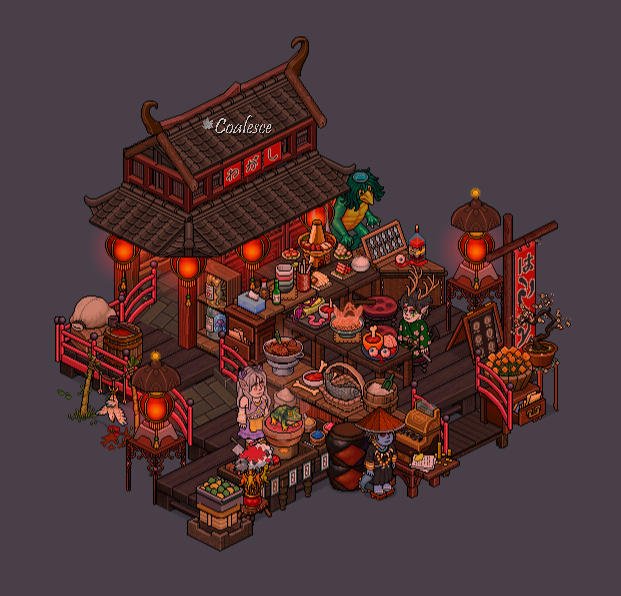 Coalesce37's tweet photo. Ghost Town Eatery 🪱🍚
Are you in for some exotic food? 😈

Oriental Halloween 鬼市 Series 2/3
Built on @habboxfrance https://t.co/tgD8CIOPak