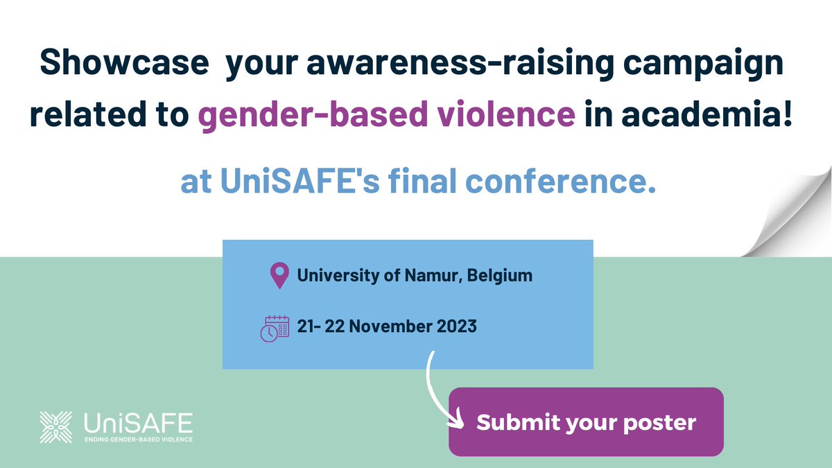 Do you have an inspiring awareness-raising campaign addressing gender-based violence within universities and research organisations?

➡️Showcase it at UniSAFE's final conference!

Discover more about this opportunity, register,&amp; submit your poster here: unisafe-gbv.eu/events/final-c…