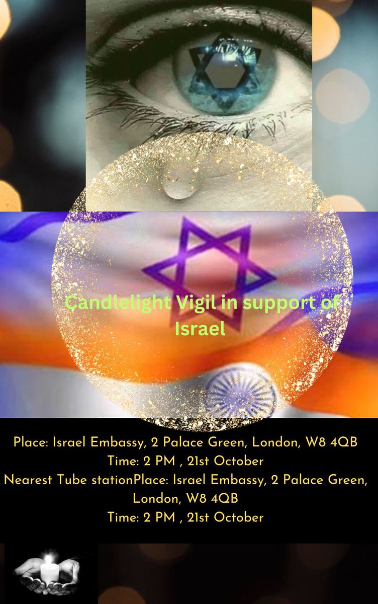 The Indian diaspora in the UK have organised a Candlelight vigil meet outside <a href="/IsraelinUK/">Israel in the UK 🇮🇱🤝🇬🇧</a> London on 21st Oct from 2pm onwards. We would implore all those who stand against terrorism &amp; the barbaric killings of innocent perpetrated by #HamasTerrorists to join us to demonstrate our
