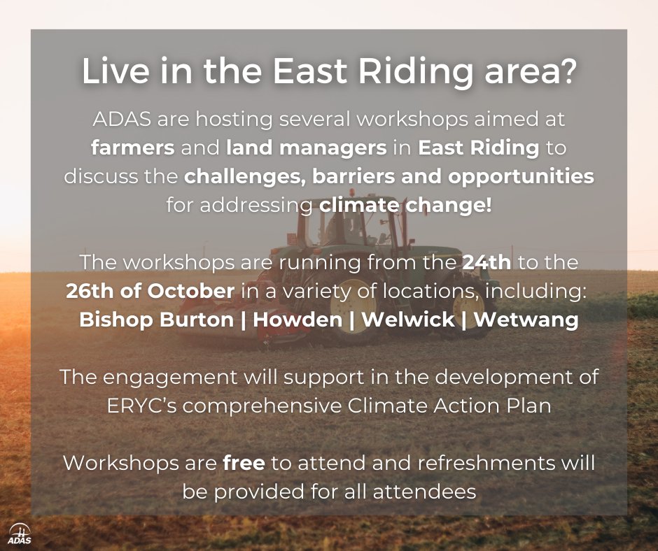 Farm in the East Riding area? We need you! 👇

Alongside <a href="/RSKGroup/">RSK</a> and <a href="/East_Riding/">East Riding Council</a> we're hosting several workshops aimed at farmers &amp; land managers to discuss the challenges, barriers, &amp; opportunities for addressing climate change🌳

Sign up here➡️adas.co.uk/news/east-ridi…