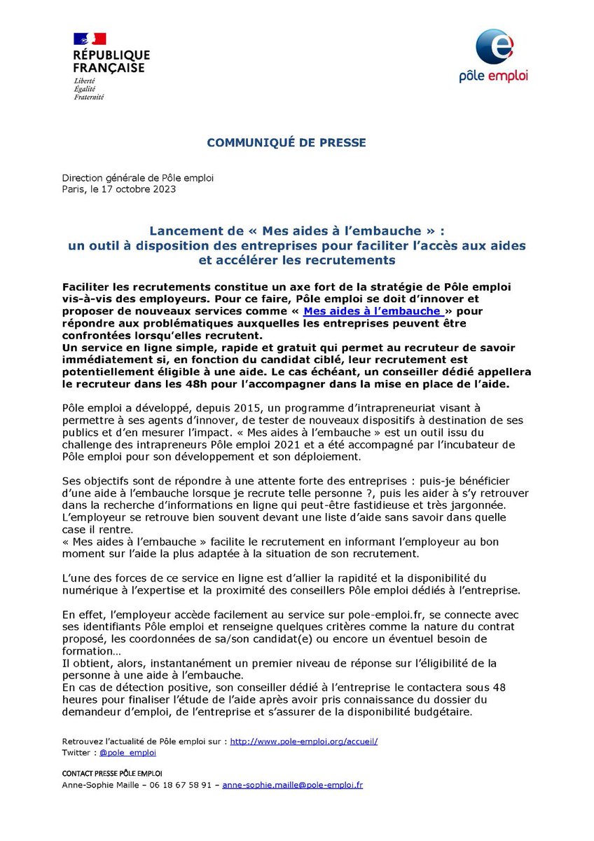 [Communiqué de #presse] Pôle #emploi lance le service "Mes aides à l'embauche", un outil qui aide les entreprises dans leur #recrutement, en les renseignant sur l’aide la plus adaptée à leurs besoins 🤝

📰 A découvrir en intégralité ici ➡️ pole-emploi.org/accueil/commun… #TousMobilisés