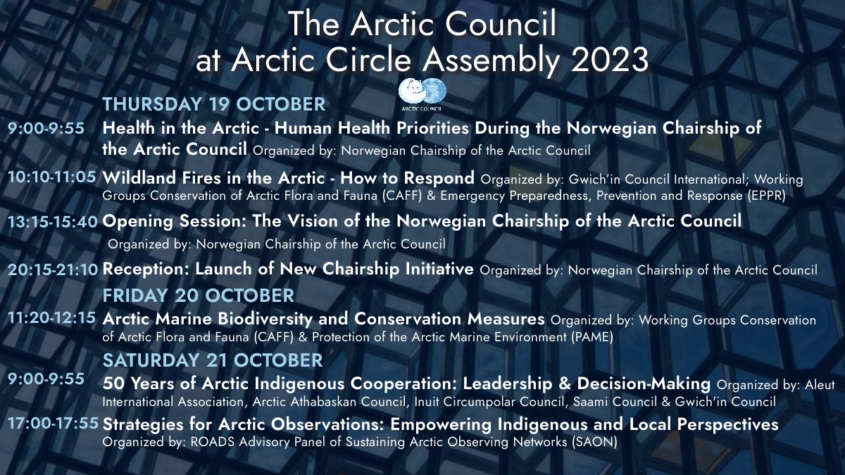 ArcticCouncil's tweet photo. Attending #ArcticCircle #Assembly2023? 

Come say hi👋 at our booth &amp; mark your calendars 📅 to follow sessions organized by @ArcticSAONorway, @GwichinCouncil, @CAFF_Arctic, @EPPR_Arctic, @PAME_Arctic, @aleut_aia, @SaamiCouncil, @ICC_Canada, @ICC_Alaska &amp; more ⬇️ https://t.co/cEhgcTYPrM
