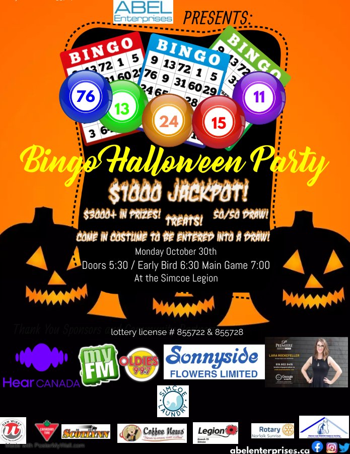 Our next Monday Night Bingo is Monday October 30th... so we are making it a Halloween party!

We will be giving out treats and everyone who comes in costume will be entered into a draw to win a prize basket!
