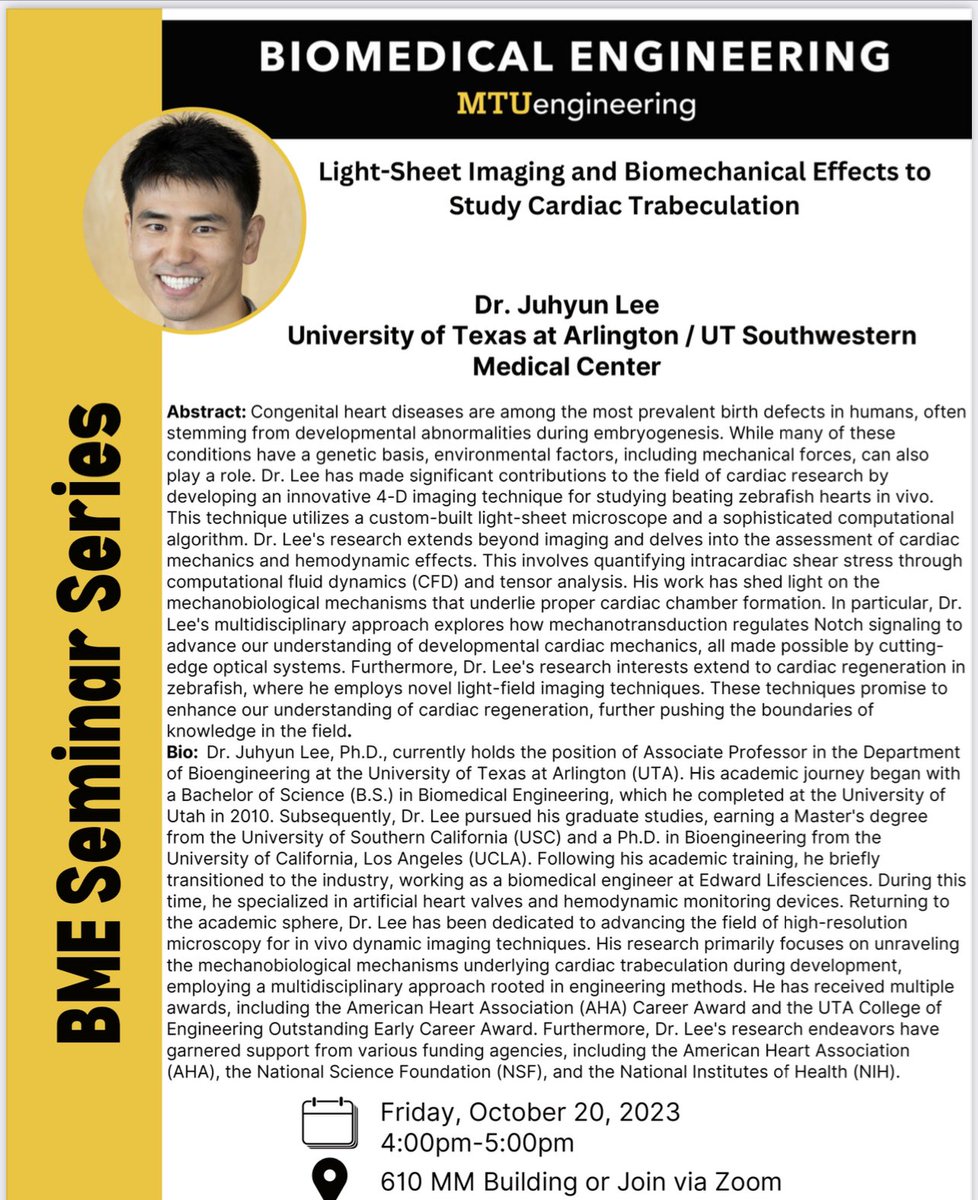 Our @BiomedMtu seminar speaker this Friday is Dr. Juhyun Lee from the university of Texas at Arlington and UT Sourhwestern. If you’re interested in novel imaging techniques, mechanobiology and computational approaches, add this event to your calendar.