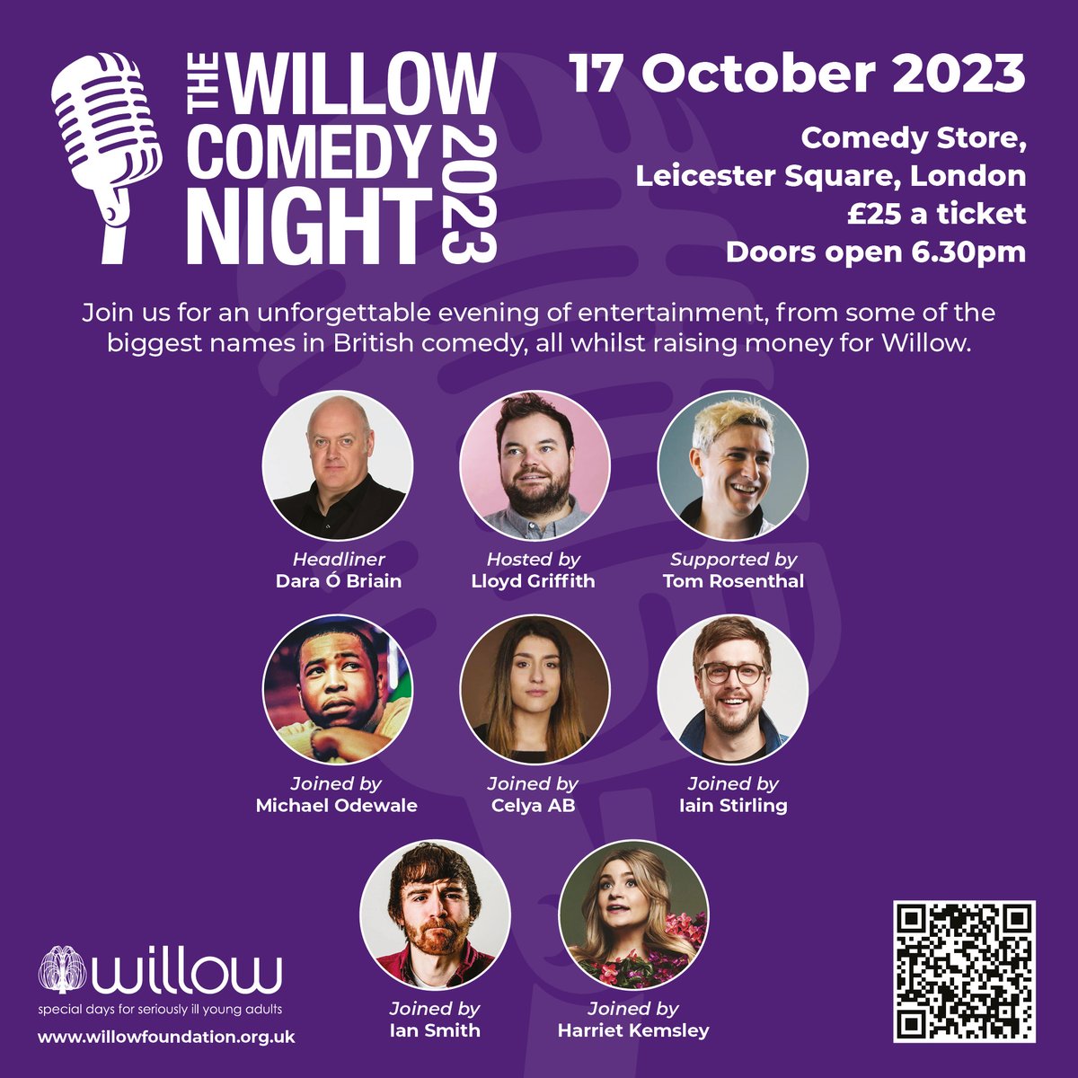 .@daraobriain, @IainDoesJokes, @rosentweets, @harrietkemsley and more perform in the #WillowComedyNight, in aid of @Willow_Fdn, at the @comedystoreuk #London tonight
