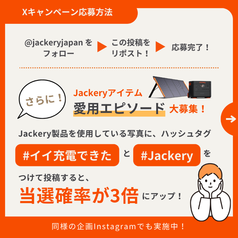 jackeryjapan's tweet photo. ＼創業11周年記念キャンペーン🎉／

皆様への感謝の気持ちを込めて、
来月発売の記念モデル #Jackery100Plus とJackeryオリジナルグッズを抽選で4名様に！

応募方法👇
①@jackeryjapan をフォロー
②��のツイートをRT

#イイ充電できた や #Jackery をつけて愛用エピソードを投稿すると当選率UP！