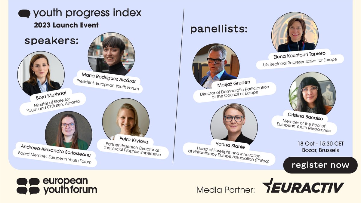 Tomorrow, 18th October | @Youth_Forum will release the 3rd edition of the Youth Progress Index. The results provide a deep dive into the state of young people’s well-being in 150 countries around the 🌏 📝Register here: eurac.tv/9WC1 More info: eurac.tv/9WD7