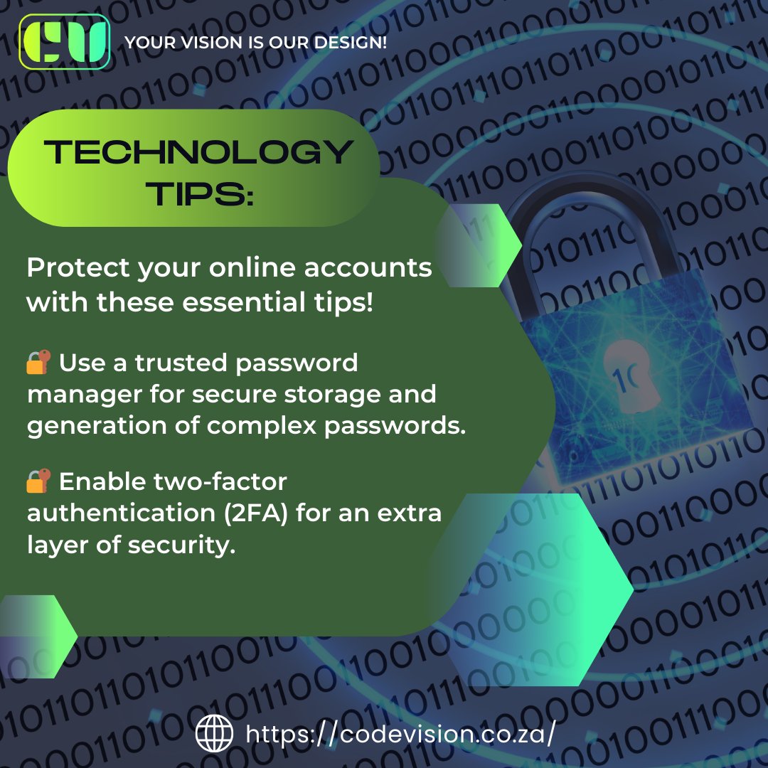 codevisionrsa's tweet image. Secure your online world with strong passwords and extra layers of protection!🔏✨
Hey friends! 👋 In today's digital age, password security is crucial to safeguarding our online presence. 🌐✨
#CodeVision #DigitalSecurity #OnlineSafety #PasswordProtection #SecureYourAccounts
