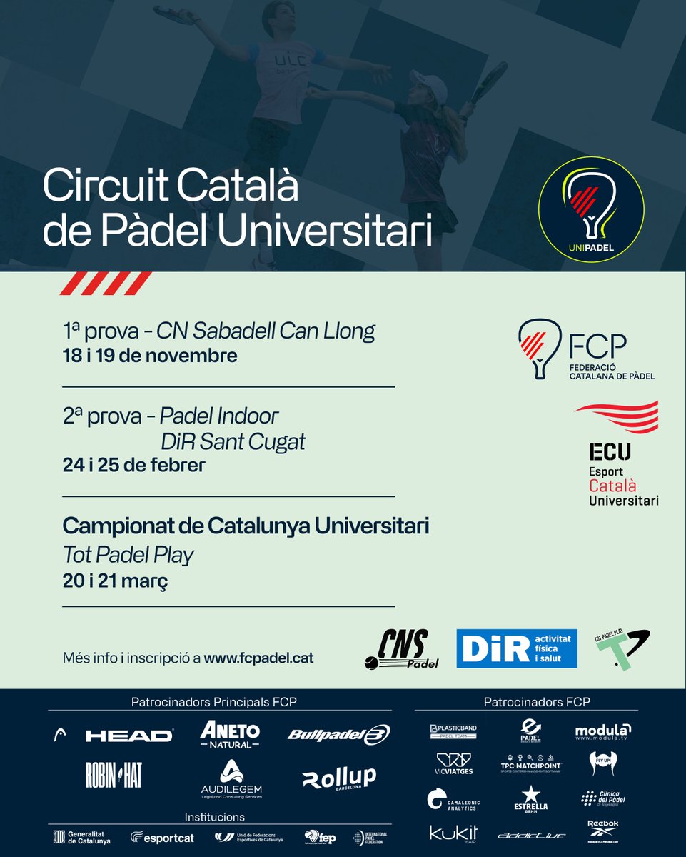 EsportsUPC's tweet photo. #UNIPADEL I Recorda el circuit de #PadelUniversitari 🥎
No t'ho pots perdre!
📆Estigues atent i atenta a les dates!
🔗Inscripcions i més info:
https://t.co/gsOFQtCFhu
#EsportsUPC @la_UPC @esportcatuni #esportuniversitari @FCatalanaPadel https://t.co/LuLIoy579B