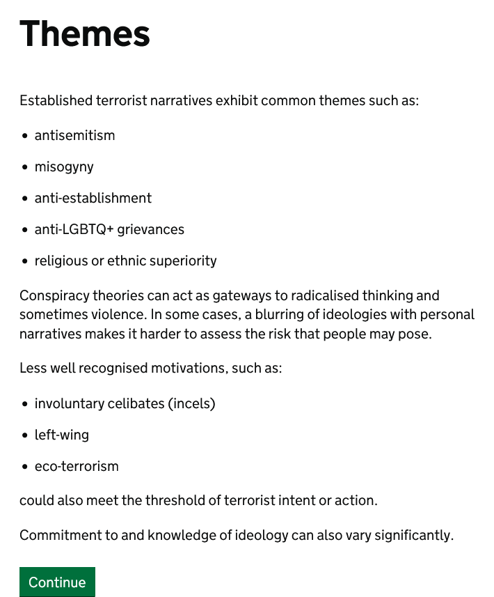 PostFilm's tweet image. Being "left-wing ... could also meet the threshold of terrorist intent or action." 
- UK Government Training Module.
#edchatuk #edchat #highered 
…able-to-radicalisation.service.gov.uk/awareness-cour…