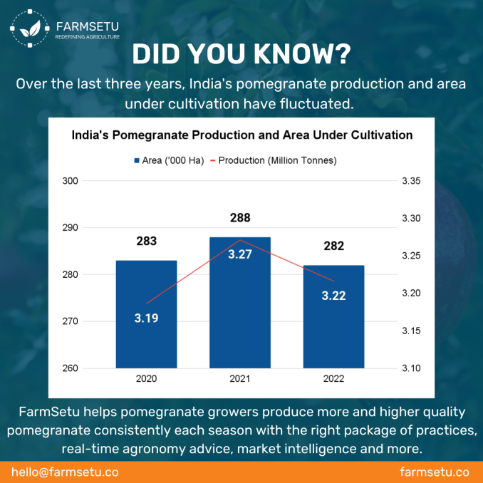 FarmSetuTech's tweet photo. FarmSetu helps growers produce more and higher quality pomegranate consistently each season with the right package of practices, real-time agronomy advice, market intelligence and more.

#FarmSetu #Pomegranate #India #Horticulture #Agriculture #AgTech #AgriTech #FnV #Fruits https://t.co/KrhI3YJCn4