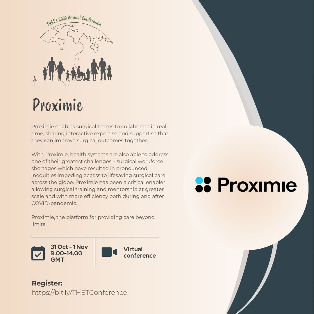 🤝 Thank you @Proximie for sponsoring #THETConf 2023! By enabling real-time collaboration in surgery, you expand access to expert care globally. We appreciate your work addressing surgical workforce shortages and advancing health equity.✨  

Register 👉 buff.ly/3PbDpiM