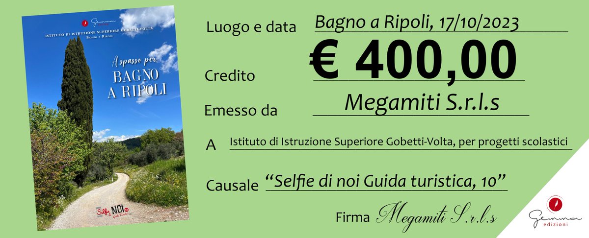 Grazie alla pubblicazione della guida turistica #10 e alla donazione di € 400,00 all'Istituto per ulteriori progetti scolastici, culturali e sociali, arriviamo a € 56.100,00 di devoluzioni! Per conoscere il progetto gemmaedizioni.it/progetti/ oppure scrivi a info@gemmaedizioni.it