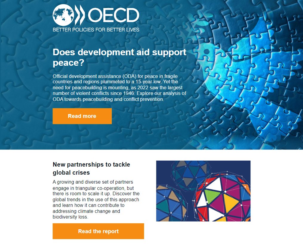 OECDdev's tweet image. ➡️Does #DevelopmentAid support peace?
➡️Can new partnerships help tackle #GlobalCrises?

Find out in our October @OECD development newsletter ⤵️ 📰📢newsletter.oecd.org/q/119zIz9UC27V…