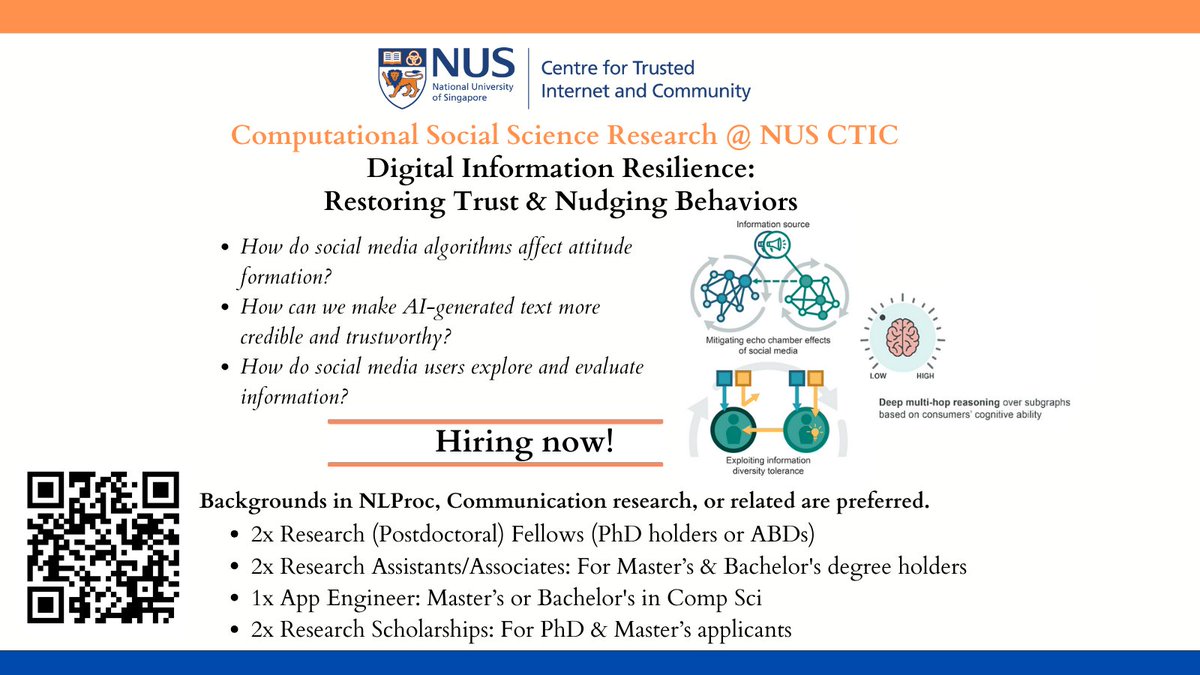 📢 I'm hiring for the iGyro project at @nuscticnus! Exploring the future of digital society, privacy, freedom of expression, misinformation, & more. 

Open roles: Research Fellows, Assistants, App Engineer, & Scholarships. Join us! 🚀 

#NUS #CTIC #HiringNow #DigitalSociety #AI