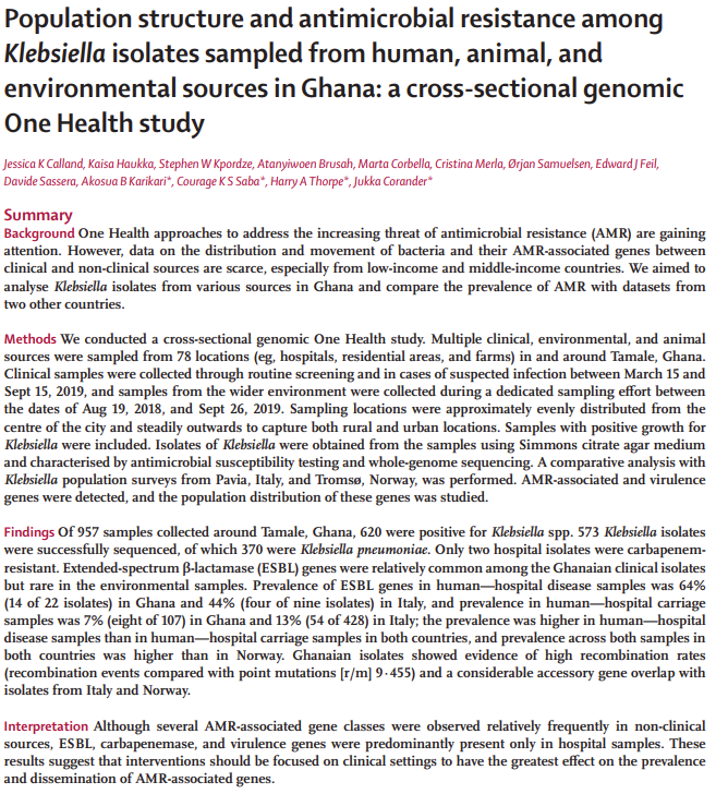 LancetMicrobe's tweet photo. New research article

Population structure and antimicrobial resistance among #Klebsiella isolates sampled from human, animal, and environmental sources in Ghana: a cross-sectional genomic One Health study

https://t.co/L3S4OtN8YX

#AMR #ESBL #InfectiousDiseases #OpenAccess #OA https://t.co/TYpyVcZsIX