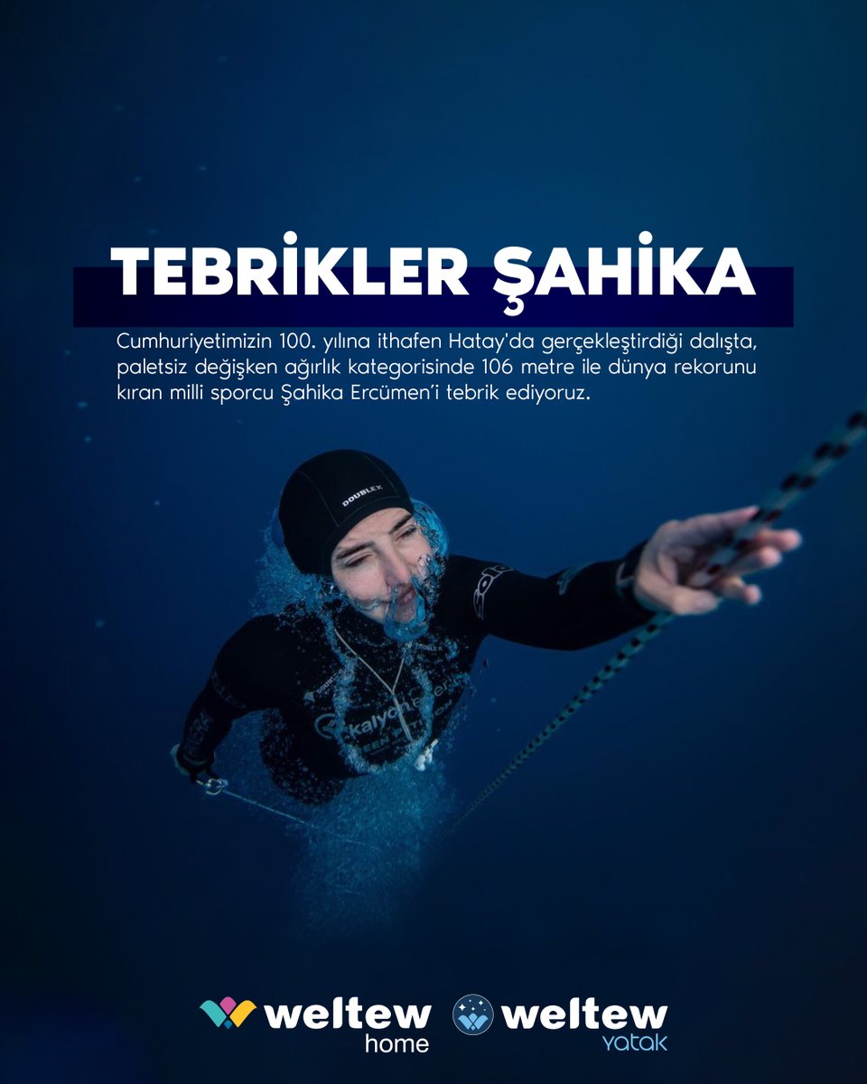 Cumhuriyetimizin 100. yılına ithafen Hatay'da gerçekleştirdiği dalışta, paletsiz değişken ağırlık kategorisinde 106 metre ile dünya rekorunu kıran milli sporcu Şahika Ercümen’i tebrik ediyoruz.