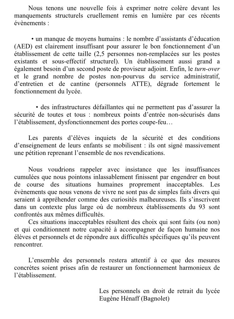 JFaerber's tweet photo. Communiqué des enseignants du lycée Henaff à Bagnolet : en dépit des intrusions répétées et non traitées par les autorités académiques, le rectorat a refusé hier de recevoir les enseignants. Un mail leur a été envoyé pour une réunion le 6 novembre. Que du mépris. 

Lisez. https://t.co/G3QXwnGVDO
