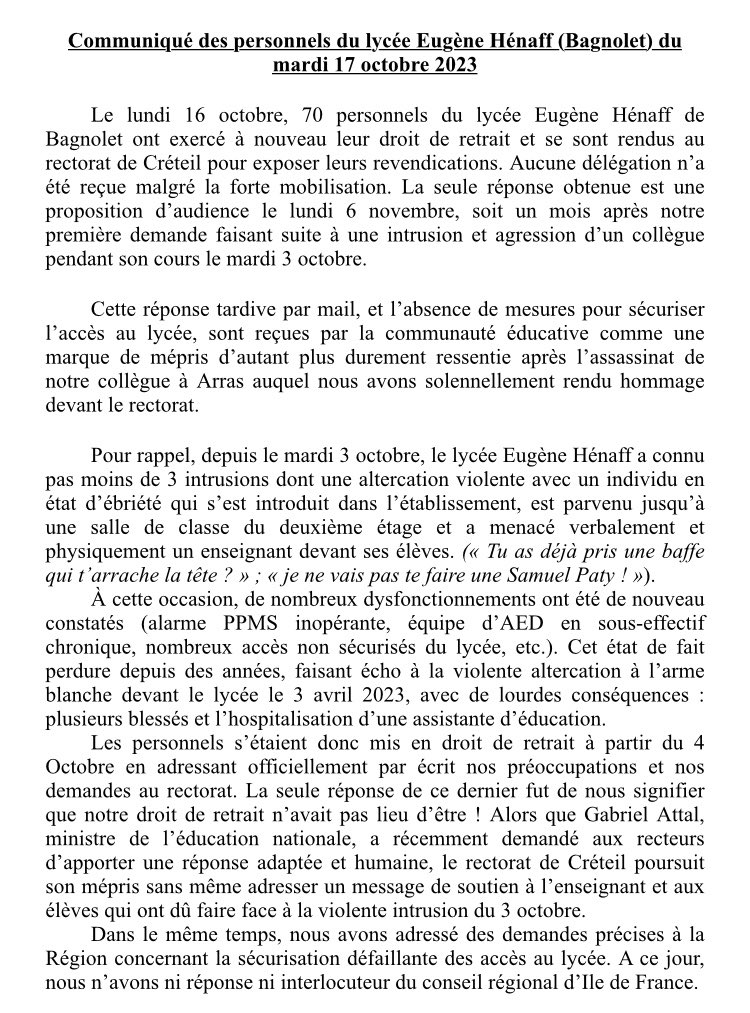 JFaerber's tweet photo. Communiqué des enseignants du lycée Henaff à Bagnolet : en dépit des intrusions répétées et non traitées par les autorités académiques, le rectorat a refusé hier de recevoir les enseignants. Un mail leur a été envoyé pour une réunion le 6 novembre. Que du mépris. 

Lisez. https://t.co/G3QXwnGVDO