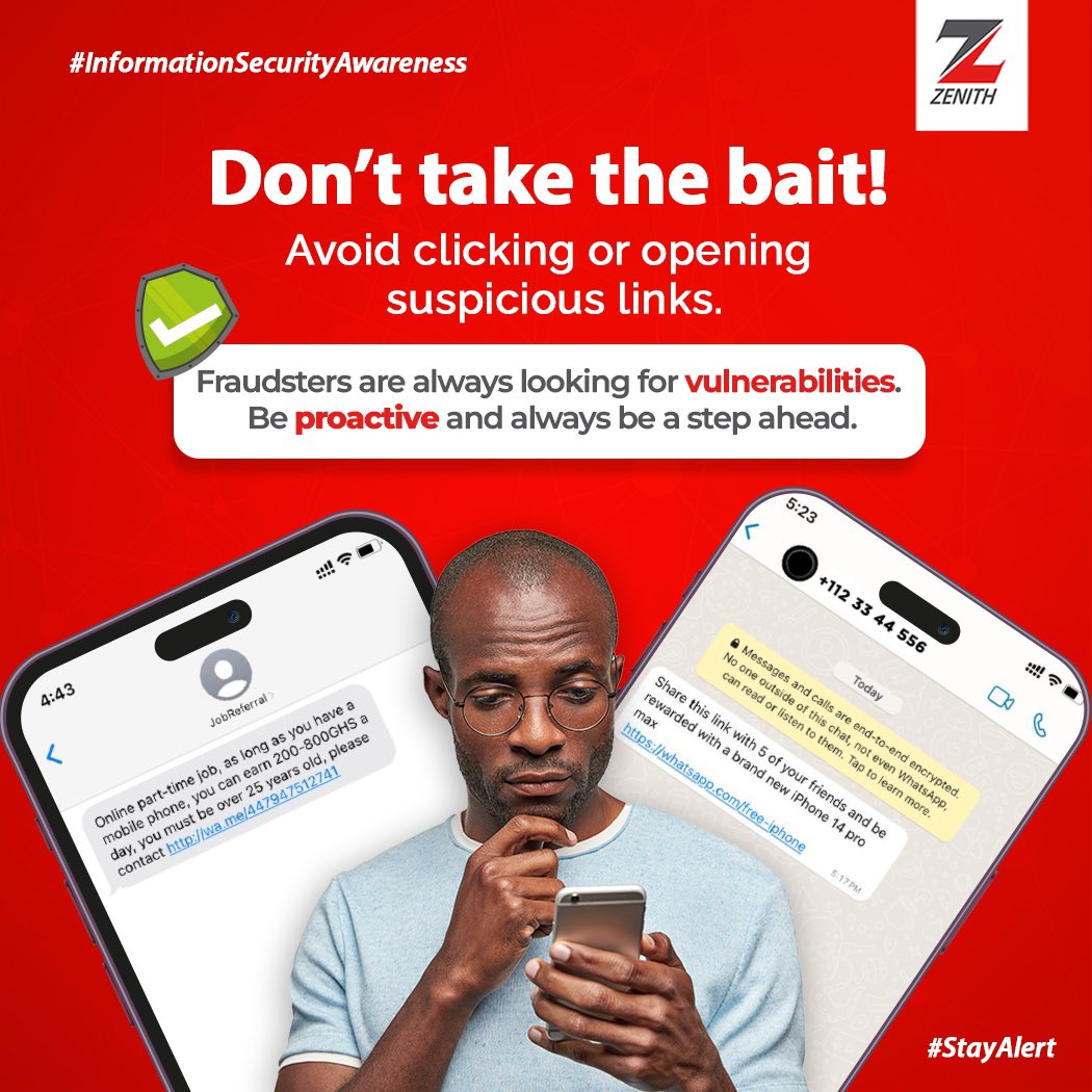 Be Cyber Smart.

#ZenithBankGhana
#InYourBestInterest
#EazyBanking
#InformationSecurityAwareness