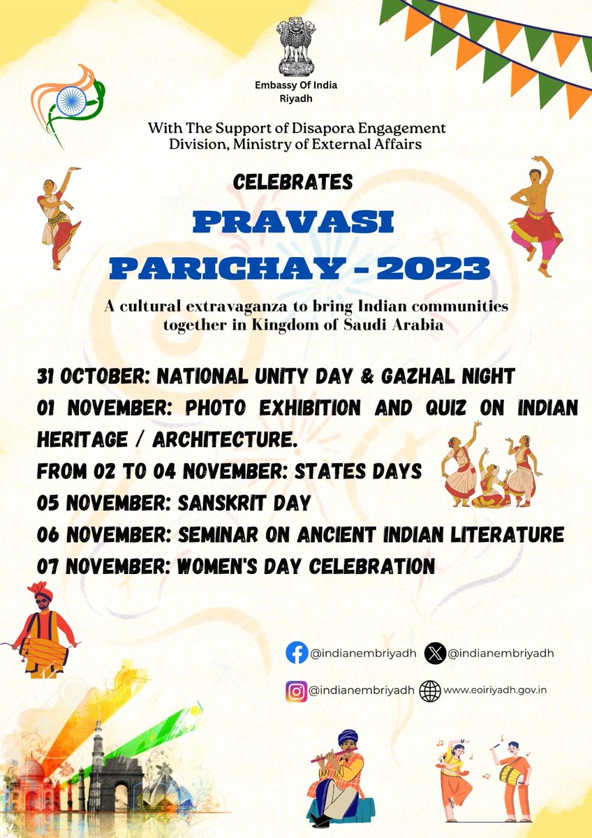 The Embassy will be celebrating Diaspora Week- Pravasi Parichay 2023, from October 31 to November 7. Looking forward to working closely with various Community Groups in KSA to make it a grand success.
<a href="/MOS_MEA/">V. Muraleedharan</a>
<a href="/MEAIndia/">Randhir Jaiswal</a> 
<a href="/MukteshPardeshi/">Muktesh Pardeshi</a> 
<a href="/SecretaryCPVOIA/">Secretary (CPV&OIA)</a> 
@DiasporaDiv_MEA