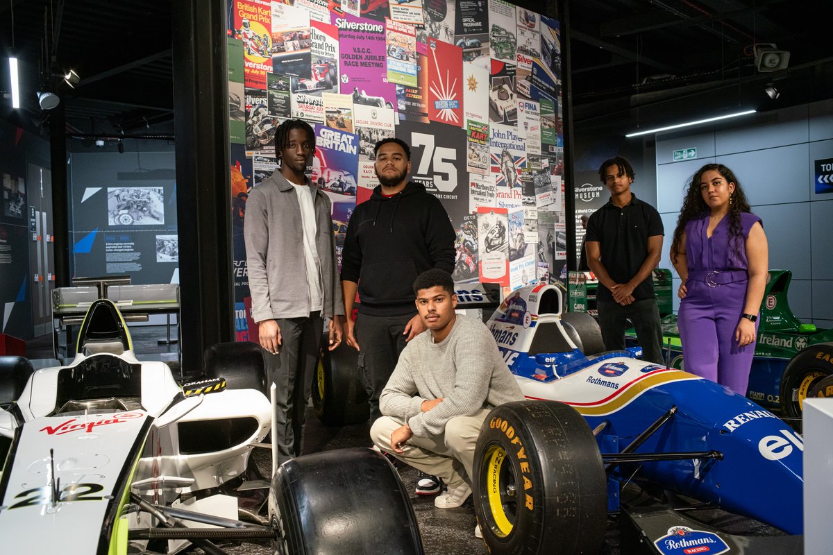 The five recipients of the first MSc motorsport engineering scholarships during their visit to the Silverstone Museum. From left to right: Jonathan Keeya, Amjad Saeed, Nevin Hall, Benjamin Woodhouse, and Laila Dokkali
