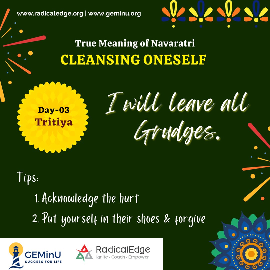 Radicaledge3's tweet image. Day 3: Tritiya
I will leave all Grudges.

Tips:
Acknowledge the hurt
Put yourself in their shoes and forgive

#navaratri2023 #mindfulness #radicaledgelearningconsultants