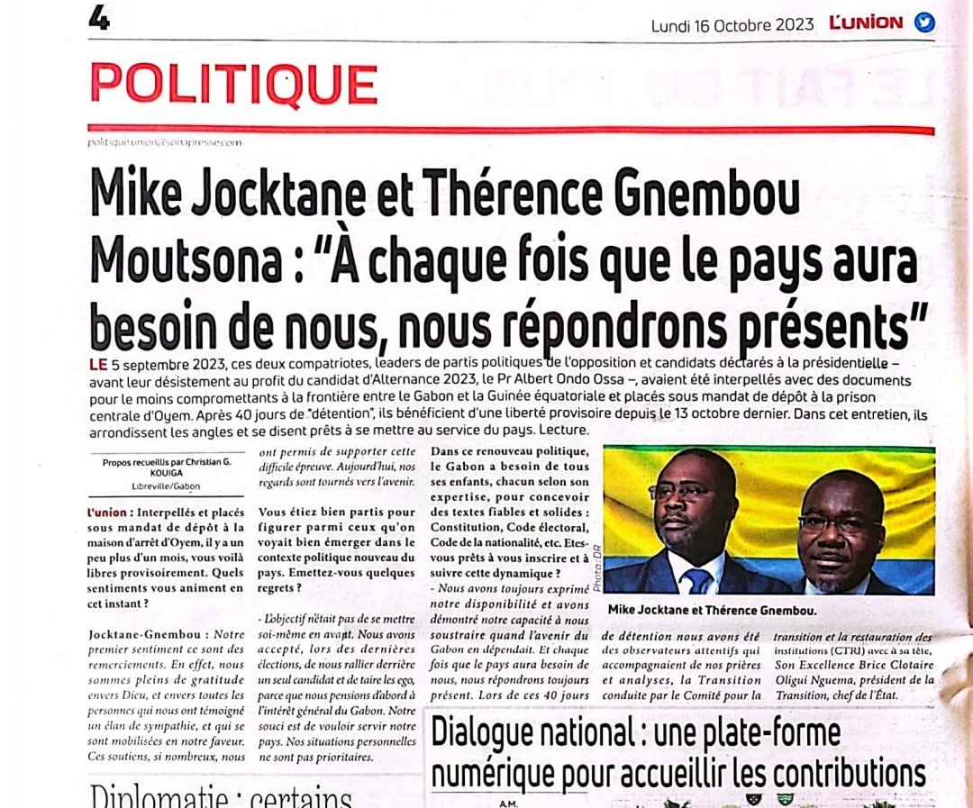 «... Nous sommes pleins de gratitude envers Dieu et envers toutes les personnes qui nous ont témoigné un élan de sympathie et qui se sont mobilisées en notre faveur», #MikeJocktane dans quotidien l'Union du lundi 16 octobre 2023.