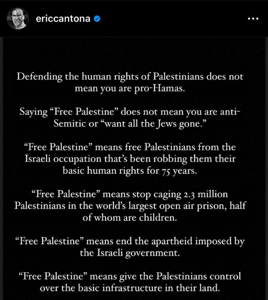SportsZone__'s tweet image. Éric Cantona sur Instagram 📲 : 

🎙️« Défendre les droits de l'homme des Palestiniens ne signifie pas que vous êtes pro-Hamas.

Dire « Free Palestine » ne signifie pas que vous êtes antisémite ou que vous voulez que « tous les juifs disparaissent. »

« Free Palestine » signifie…