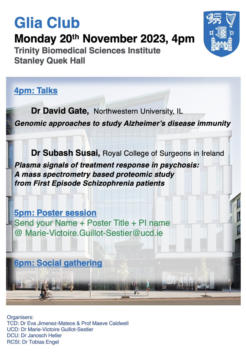 Marie-Victoire Guillot-Sestier (@mariesestier) on Twitter photo Mark your calendars for GLIA CLUB: Monday 20th Nov @ 4pm in <a href="/tcdTBSI/">TCD TBSI</a>. We will welcome our first international guest <a href="/DGateLab/">David Gate</a> from <a href="/NorthwesternMed/">Northwestern Medicine</a>. Dr Subash Susai from <a href="/RCSI_Irl/">RCSI</a> will discuss the link between plasma complement proteins & clinical response to anti-psychotics . Mark your calendars for GLIA CLUB: Monday 20th Nov @ 4pm in <a href="/tcdTBSI/">TCD TBSI</a>. We will welcome our first international guest <a href="/DGateLab/">David Gate</a> from <a href="/NorthwesternMed/">Northwestern Medicine</a>. Dr Subash Susai from <a href="/RCSI_Irl/">RCSI</a> will discuss the link between plasma complement proteins & clinical response to anti-psychotics .