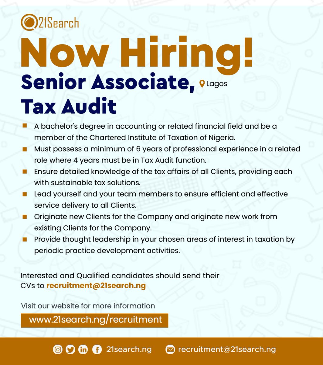 Now Hiring!

Senior Associate, Tax Audit

Check the flyer for more details and how to apply.

#job #recruitment #jobs #jobsearch #jobsinnigeria #accounting #accountant #taxprofessional