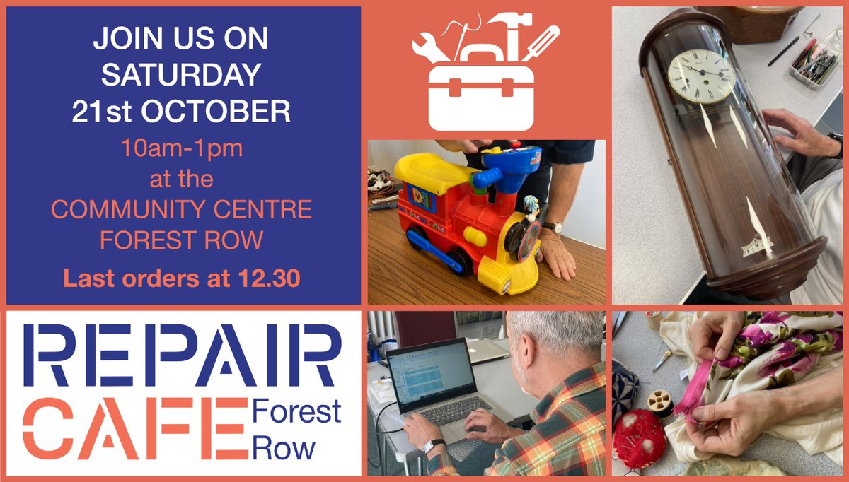 THIS SATURDAY! The October Forest Row Repair Café. Our fabulous volunteer team includes repairers for: Computers
Clocks
Clothes
Ceramic items
Electronics
Electrics
Bikes
General items
Sadly, this month we do *NOT* have anyone doing sharpening or teddy bears.