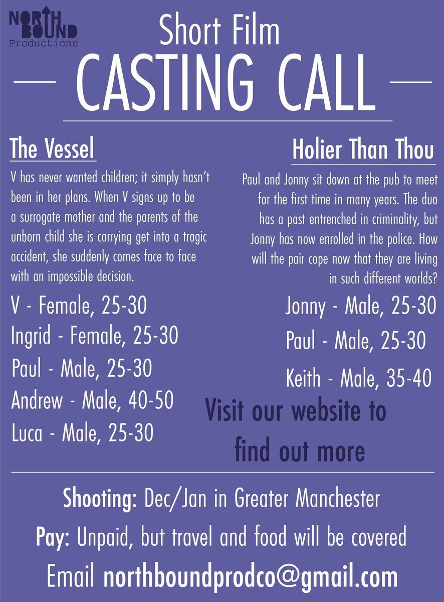 We’re delighted to announce the two winners of our screenplay competition: “The Vessel” by Olivia Railton and “Holier Than Thou” by Tomos Harrison! 

We’re now looking for cast and crew to get involved with putting these together 👉 northboundprodco.wixsite.com/northbound/cas…