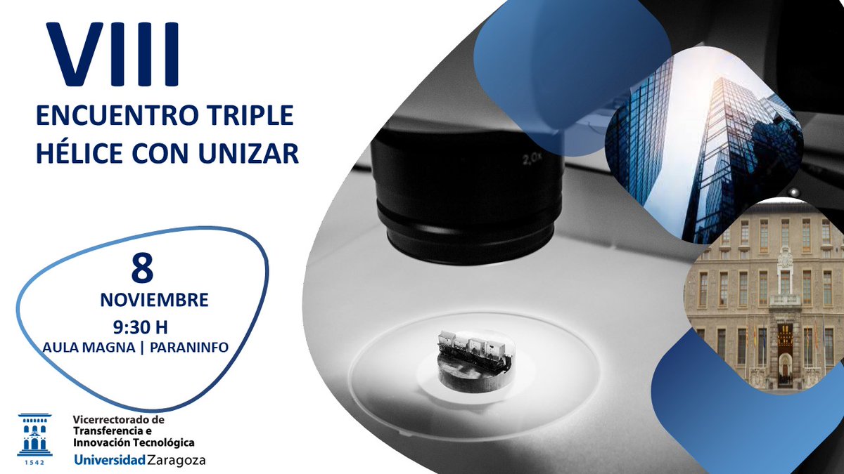 OTRI Unizar (@otri_unizar) on Twitter photo ¿Te apetece escuchar, en formato elevator pitch, casos de éxito de proyectos I+D+I y emprendedores <a href="/unizar/">Universidad Zaragoza</a>? ¡Te invitamos al "VIII Encuentro Triple Hélice con UNIZAR! El 8 de Noviembre a las 9:30h en el edificio Paraninfo de <a href="/unizar/">Universidad Zaragoza</a>
Inscripciones: eventos.unizar.es/go/triplehelic… ¿Te apetece escuchar, en formato elevator pitch, casos de éxito de proyectos I+D+I y emprendedores <a href="/unizar/">Universidad Zaragoza</a>? ¡Te invitamos al "VIII Encuentro Triple Hélice con UNIZAR! El 8 de Noviembre a las 9:30h en el edificio Paraninfo de <a href="/unizar/">Universidad Zaragoza</a>
Inscripciones: eventos.unizar.es/go/triplehelic…