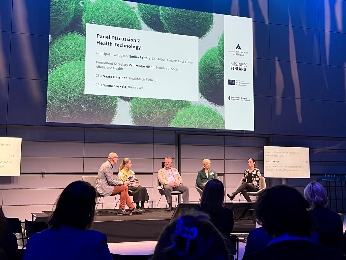 Health technology is the topic for the second panel discussion with @EmPeltola from <a href="/UniTurku/">Turun yliopisto - University of Turku</a>, <a href="/vmn1005/">Veli-Mikko Niemi</a> from <a href="/STM_Uutiset/">Sosiaali- ja terveysministeriö</a>, <a href="/SaaraHassinen/">Saara Hassinen</a> from <a href="/HealthtechFi/">Healthtech Finland</a> and Sanna Koskela from Nuanic Oy taking the stage 🔬 <a href="/BusinessFinland/">Business Finland</a> #RRF #kestäväkasvu #sustainablegrowth
