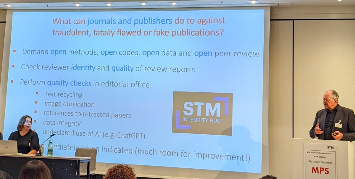 LouisMMCoiffait's tweet photo. ... chilling session on research integrity, it's an arms race between #AI-armed bad actors and publishers. It's about more trust and transparency: Know Your Business Customer #STMConference #STM #STMOpenShift #STMFrankfurt https://t.co/4gGIXIUWS5 https://t.co/9j6P1HGvSV
