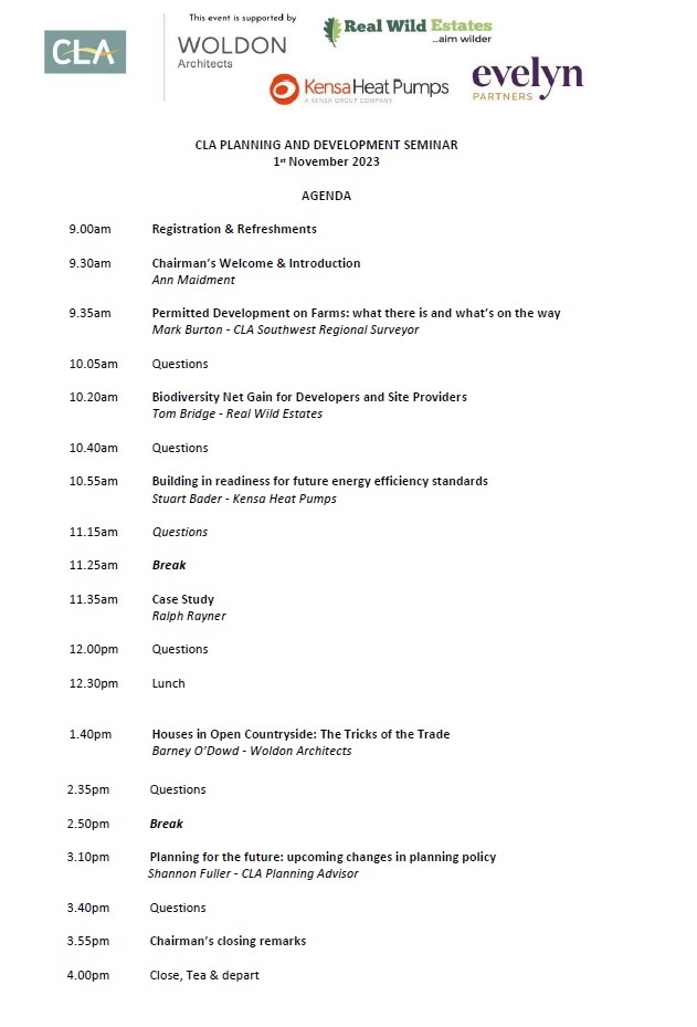 Speakers from <a href="/CLAtweets/">Country Land & Business Assn</a>, Really Wild Estates, <a href="/KensaHeatPumps/">Kensa</a> &amp; Woldon Architects will be sharing their expert knowledge at our Planning &amp; Development Seminar on November 1. 

Open to members &amp; non members. Book your place today > bit.ly/3zjrrfu
