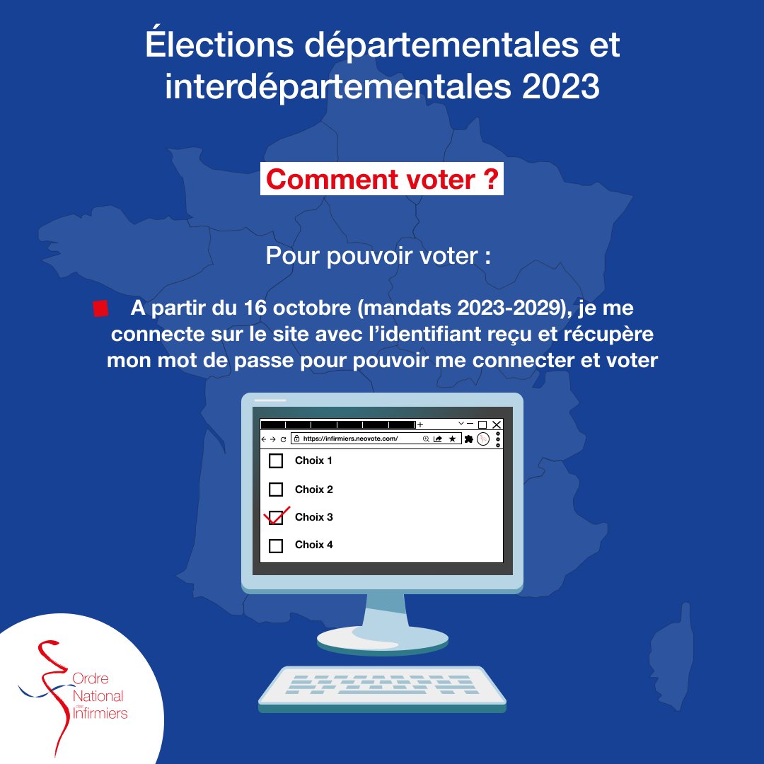 Comment voter aux [#ElectionsCDOI2023] ? Connectez-vous sur le site infirmiers.neovote.com avec l'identifiant que vous avez reçu pour récupérer votre mot de passe, pouvoir vous connecter et voter ! 🗳️
