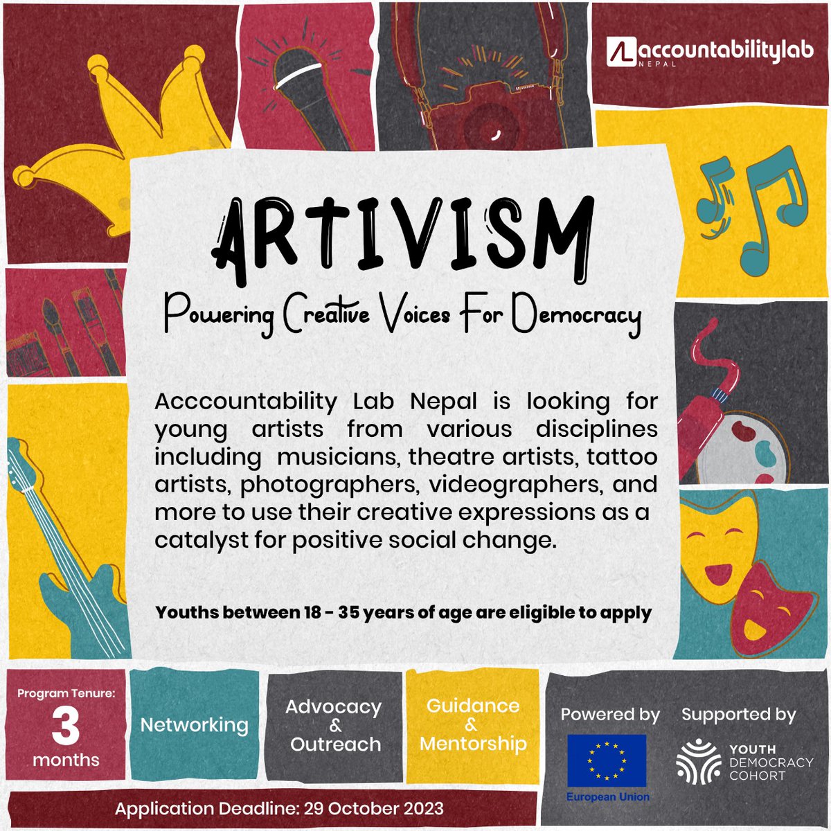 accountlabnp's tweet photo. 🎨Calling all creative minds in Nepal to join our Artivism Campaign to promote inclusive and equitable Democracy!
🖌️Full details: https://t.co/FOXpAs5zHS
Supported by @YouthCohort @EPDeu | Powered by the European Union
 #SupportedbyYDC #YouthDemocracyCohort  #YDC https://t.co/GCrAE0yyIn