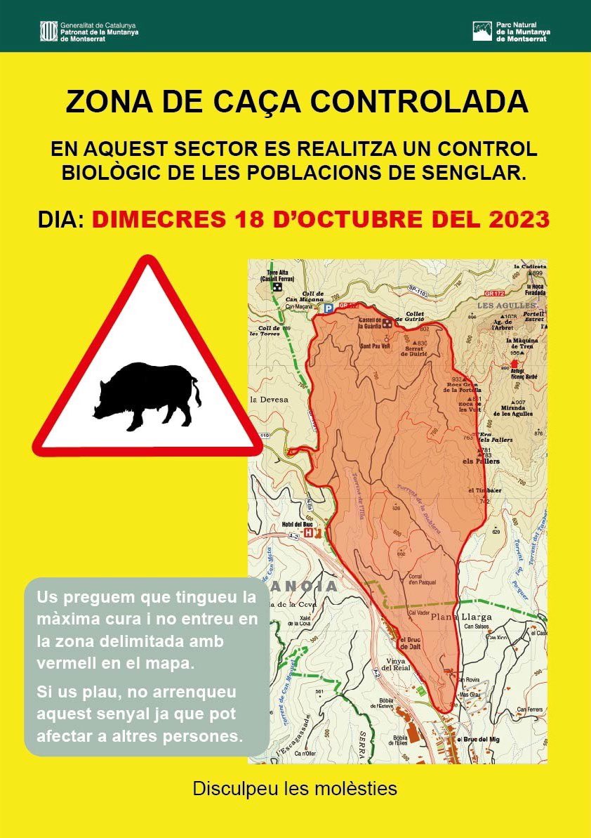 PNMontserrat's tweet photo. ⚠️ Demà 18 d’octubre batuda de #senglar 🐗 pel Sector 2/3 - Can Maçana/Collbató, concretament a la zona dels Pallers del @AjElBruc de 7 a 17 h.
 
🔴 Respecteu la senyalització i per seguretat absteniu-vos d'accedir 🚷 a la zona delimitada de caça! https://t.co/hm8yeek9mM
