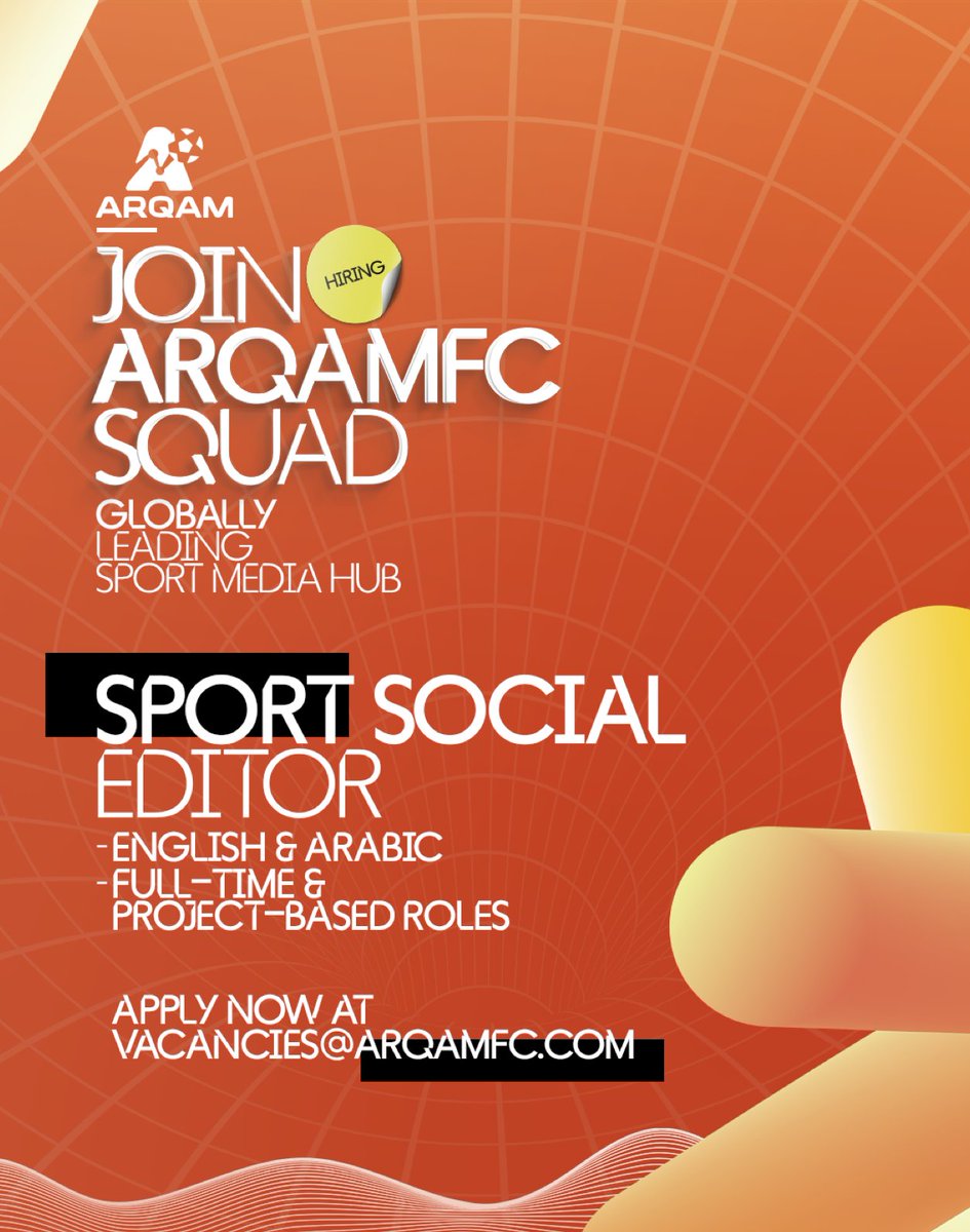 🚨 ArqamFC are hiring!

Calling all sport storytellers, we're looking for full-time and project-based Sport Social Editors.

Become the region's voice of sport with the #ArqamFCSquad.

Share your CV + portfolio with us at vacancies@arqamfc.com. 

#SportMedia