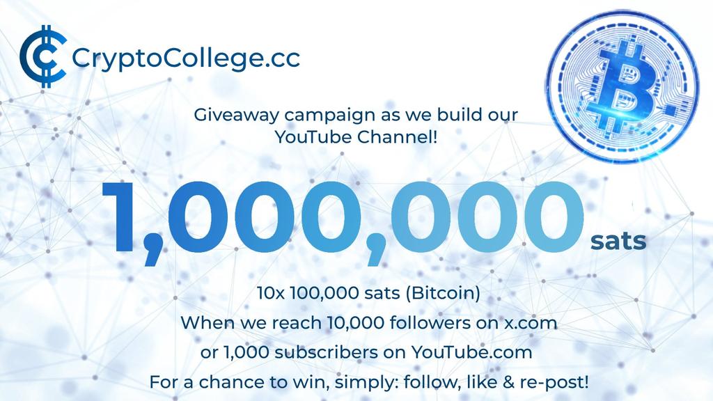 CRYPTO73024759's tweet photo. #Bitcoin #Giveaway rapide de 3x 5 000 sats dans les prochaines 48 heures alors que nous poursuivons notre voyage vers 1 000 abonnés YouTube. Re-postez et partagez une photo de vous en train de suivre notre chaîne pour avoir une chance de gagner. #Bonne chance #LearnEarnWithCC https://t.co/iy1hAwLWMV