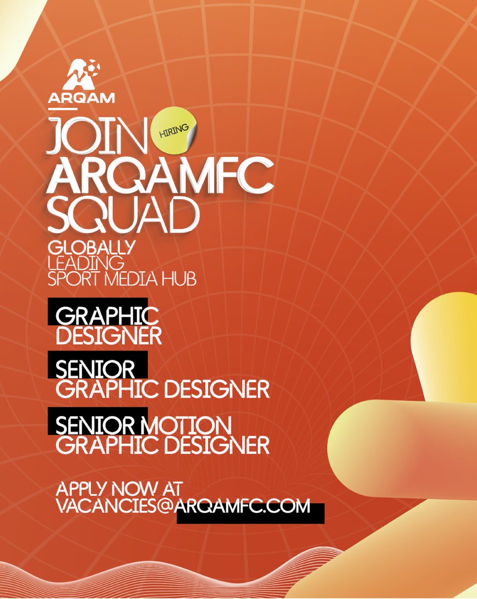 🚨 ArqamFC are hiring!  

Where artistry meets passion for sports, join the #ArqamFCSquad. 

We're looking for:  
- Graphic Designer 
- Senior Graphic Designer 
- Senior Motion Graphic Designer  

Share your CV + portfolio with us at vacancies@arqamfc.com.   

#SportMedia