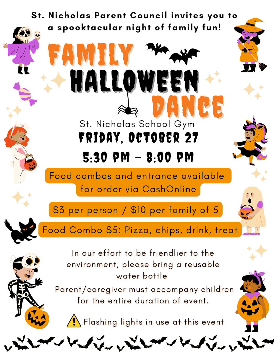 StNicholasCSPC's tweet image. We're excited to host the Halloween Family Dance again this year for our school community. Join us and come dressed in your favorite costume. Entrance tickets and food combos will be available soon to purchase on School Cash Online, so keep an eye out for the email! 🦇🎃👻