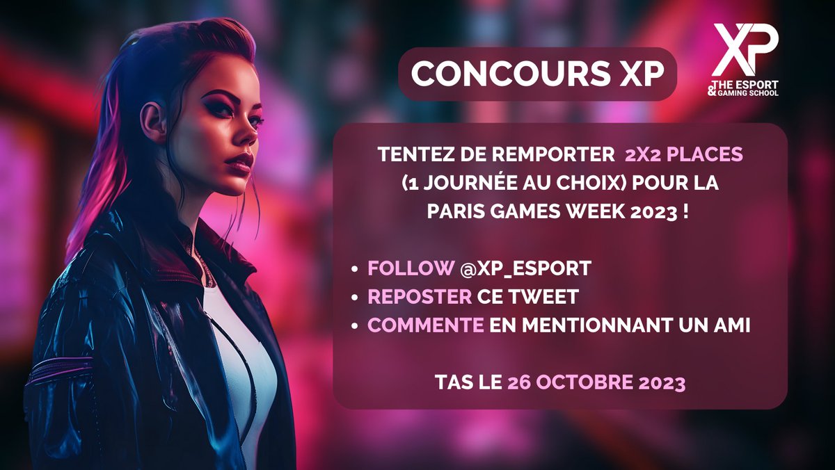 CONCOURS XP 🎉

Qui dit <a href="/ParisGamesWeek/">Paris Games Week</a>, dit #concours XP ! Nous vous faisons gagner 2x2 places pour la journée de votre choix à la #PGW2023 !  

✅Follow <a href="/xp_esport/">XP by e-artsup</a>
🔃 RT cette publication
🧑‍💻 Mentionne un ami en commentaire 
👉 TAS le 26/10/2023  

🍀 Bonne chance à tous !