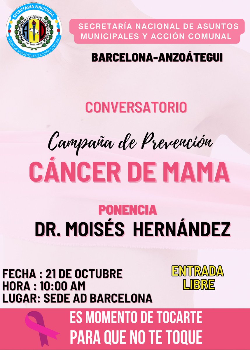 La Secretaría Nacional SAMAC y Secretaría Seccional SAMAC Anzoategui a cargo de nuestro compañero @jesusgarciagp invitamos a los militantes, simpatizantes y público en general al Conversatorio Campaña de Prevención "Cáncer de Mama". Será dictada por el Dr.Moises Hernández